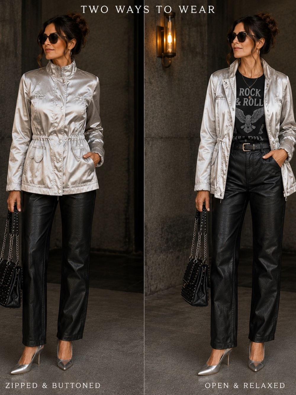 Chico’s Size 3 ( XL) Silver Metallic Cinch Waist Utility Jacket